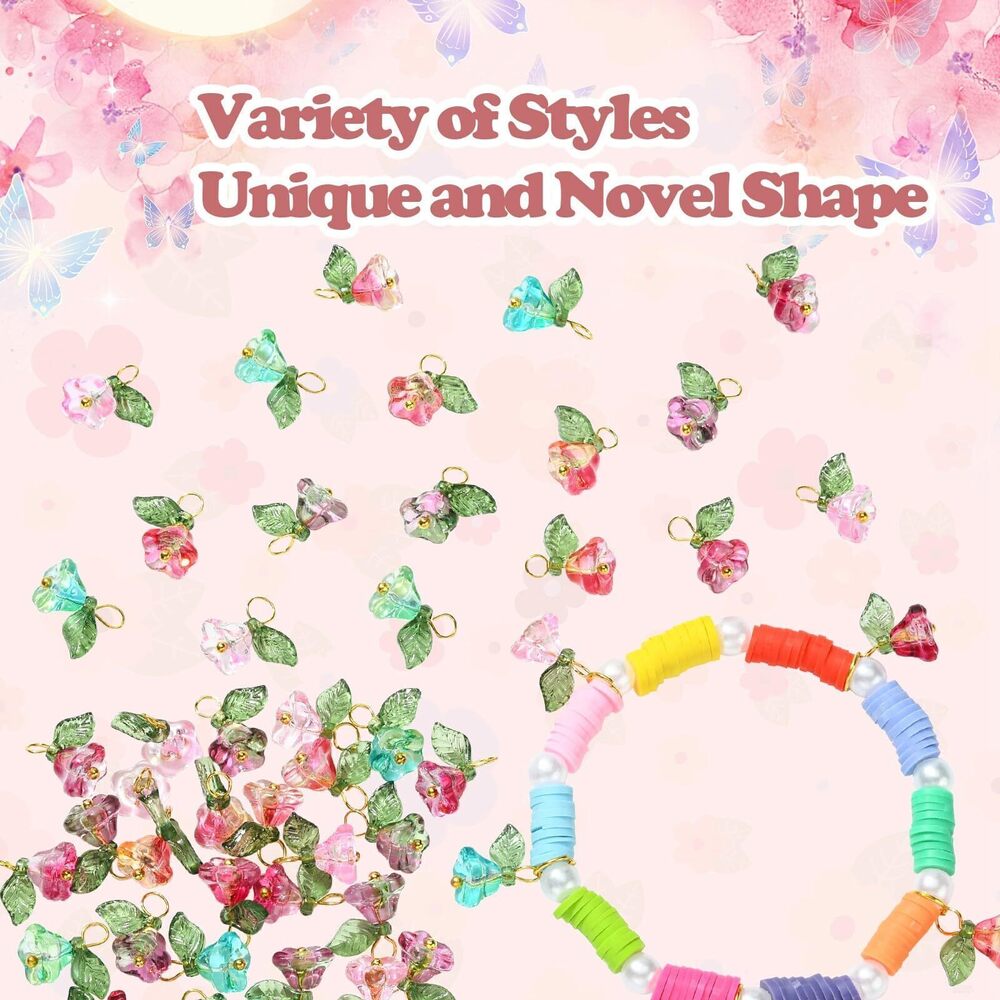 5398 50pcs 5 Colors Trumpet Flower Glass Charms Floral Leaf Transparent - Picture 5 of 9